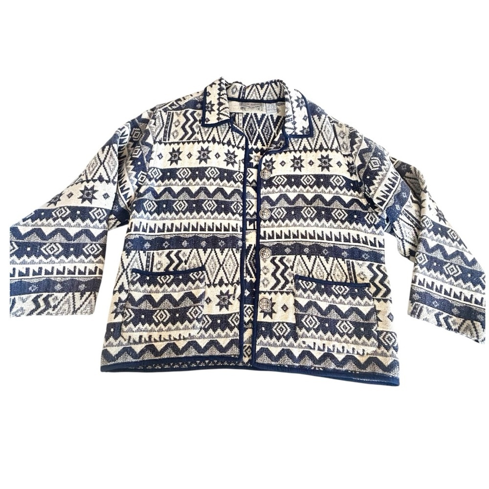 Jane Ashley Tapestry Jacket size M Button Front Aztec Southwestern Navy White